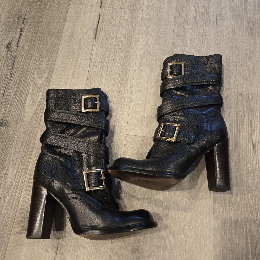 Tory Burch Half Belt Black Gold Leather Heeled Boots Womens Size 6.5
